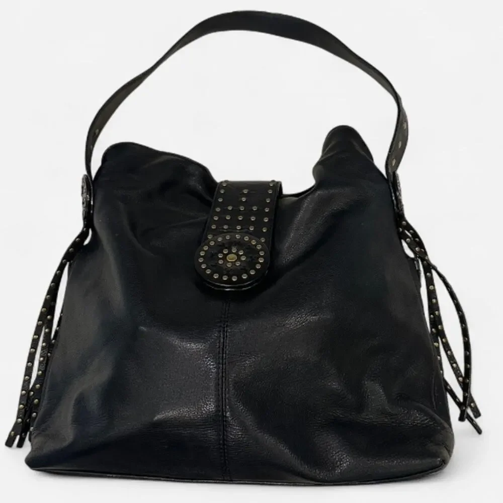 Perlina Black Genuine Leather Studded Hobo Shoulder Bag Boho